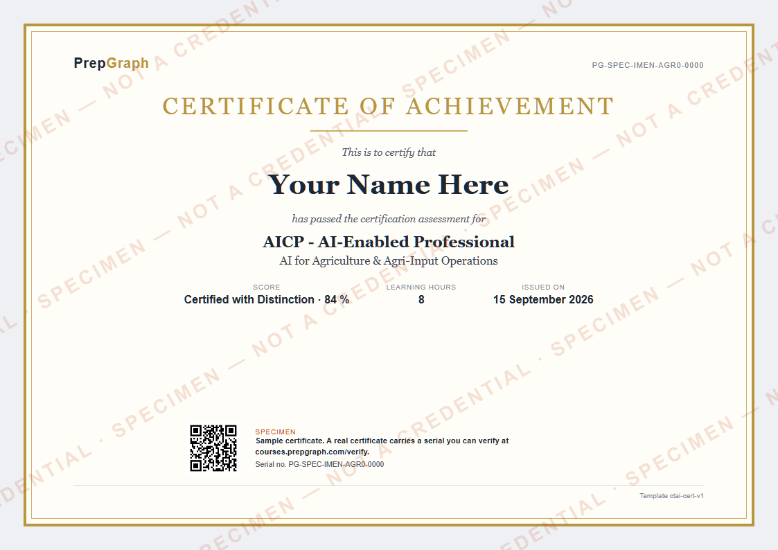 Sample Certificate of Achievement for AI for Agriculture & Agri-Input Operations, watermarked SPECIMEN - not a credential.
