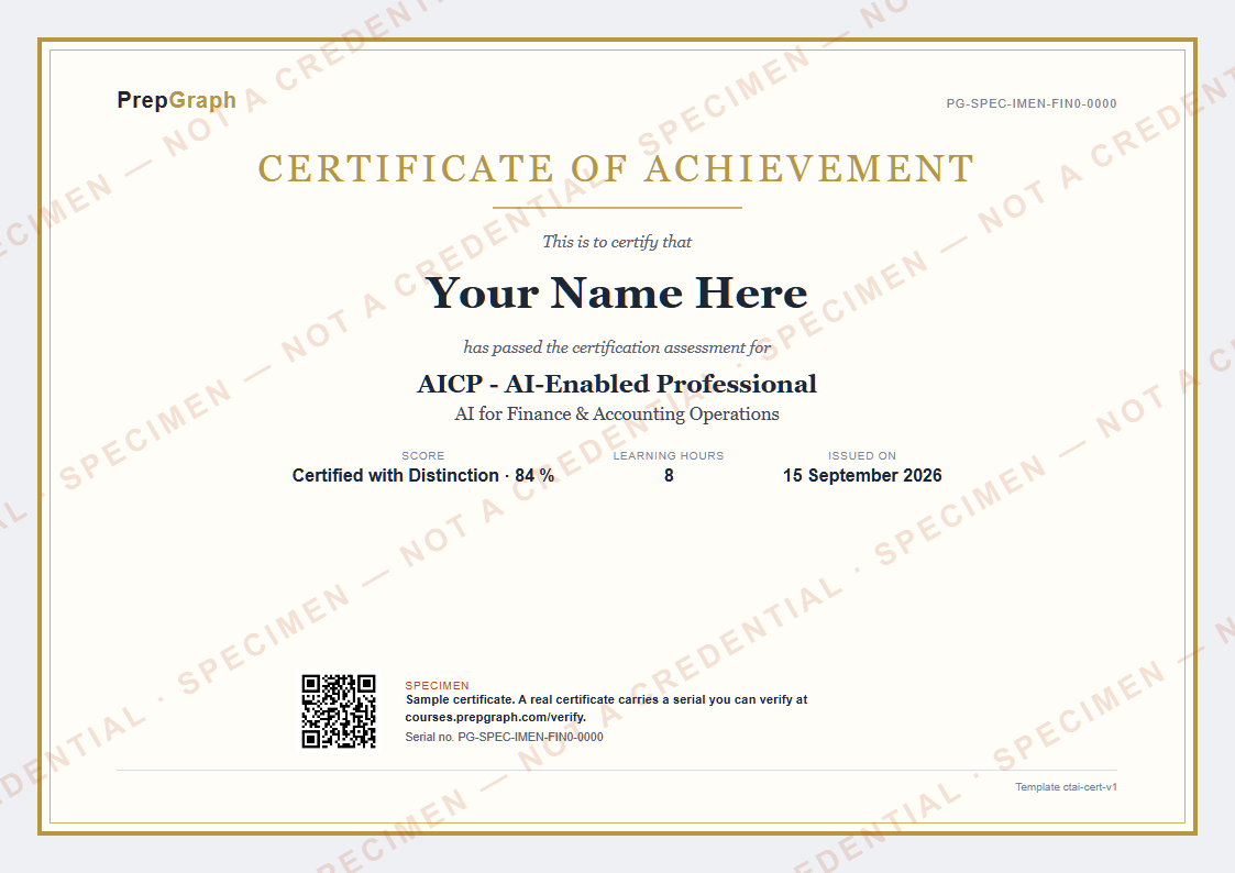 Sample Certificate of Achievement for AI for Finance & Accounting Operations, watermarked SPECIMEN - not a credential.