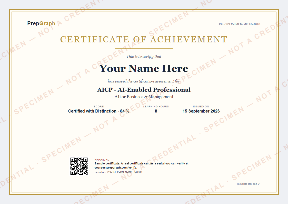 Sample Certificate of Achievement for AI for Business & Management, watermarked SPECIMEN - not a credential.