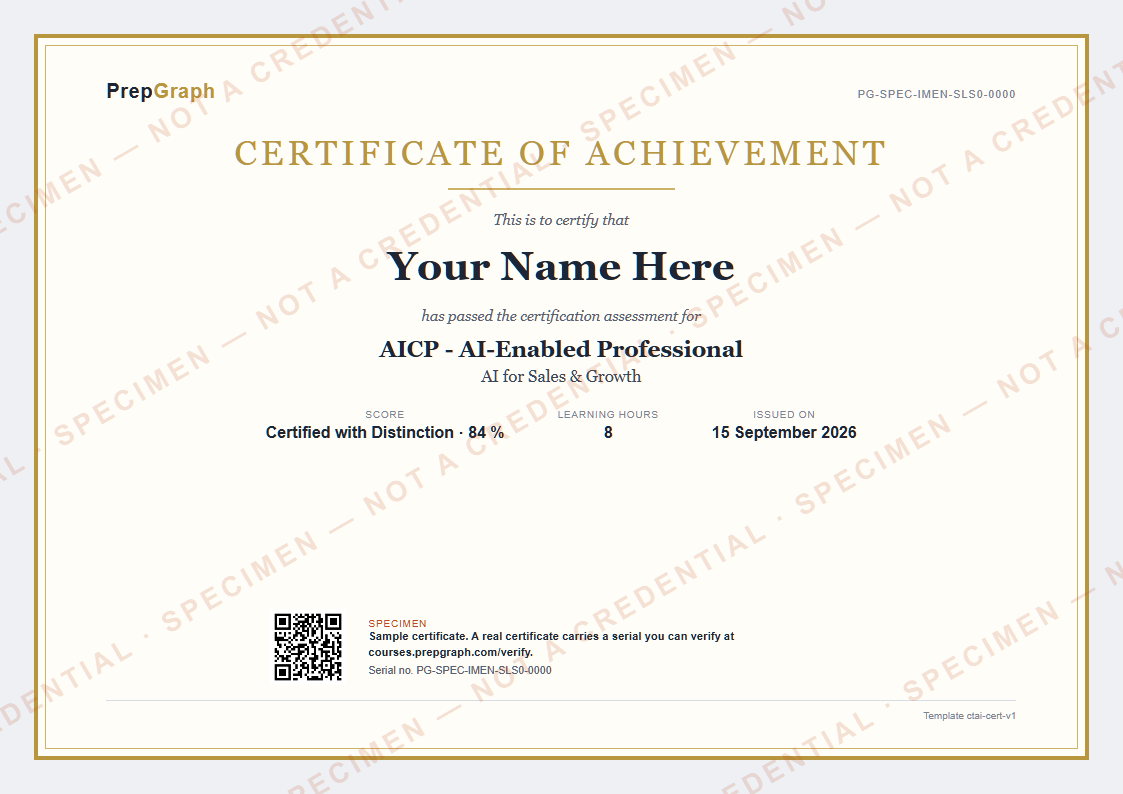 Sample Certificate of Achievement for AI for Sales & Growth, watermarked SPECIMEN - not a credential.