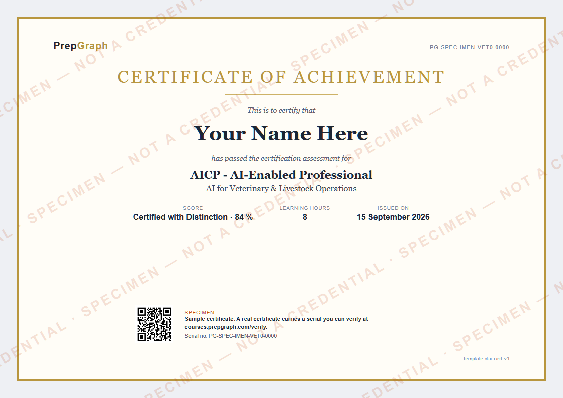 Sample Certificate of Achievement for AI for Veterinary & Livestock Operations, watermarked SPECIMEN - not a credential.